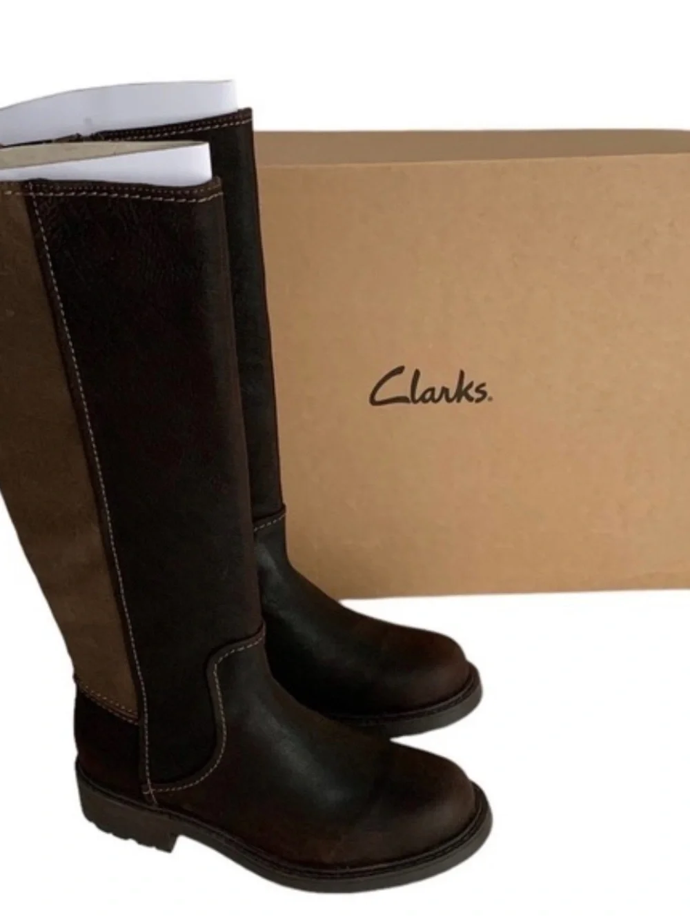 Clarks Two-Tone Dark Brown and Chestnut leather riding boot.  Opal Glow Boot